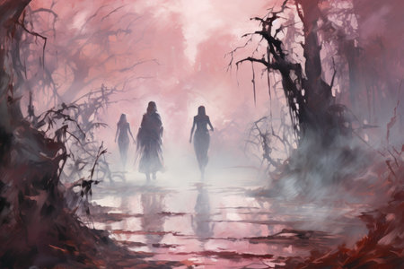 Elusive mist walkers, traversing through dense fog and hidden realms - Generative AIの素材