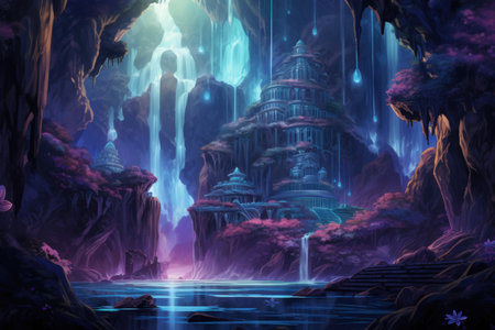 Harmonious waterfalls of glowing crystals, cascading with soothing melodies - Generative AIの素材