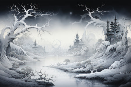 Graceful frost faeries, creating intricate ice sculptures in frozen landscapes - Generative AIの素材