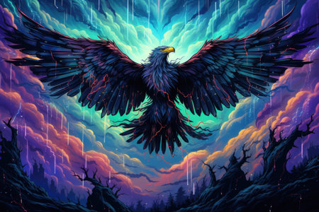 Ferocious thunder hawks, ruling the skies with lightning and thunder as their domain - Generative AIの素材