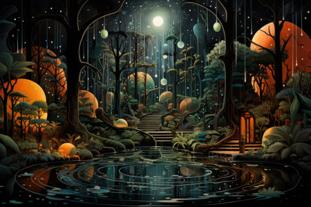 Enchanted song fountains, harmonizing with natures melodies and creating enchanting displays - Generative AIの素材