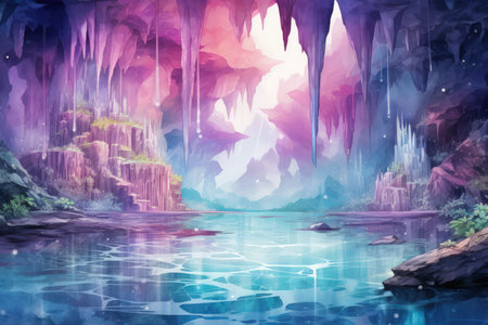Harmonious waterfalls of glowing crystals, cascading with soothing melodies - Generative AIの素材