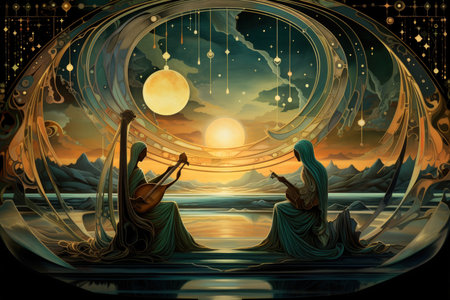 Celestial harpists, playing melodies that resonate through the heavens - Generative AIの素材