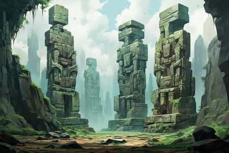Ancient stone colossi, towering giants carved from living rock - Generative AIの素材
