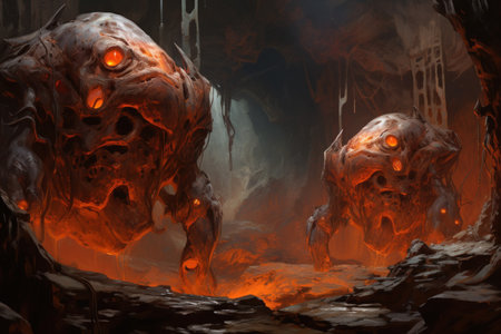 Ferocious lava golems, born from volcanic eruptions, with molten rock bodies - Generative AIの素材