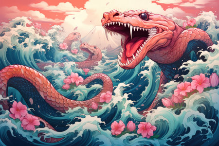 Gigantic sea serpents slithering through treacherous waters - Generative AIの素材