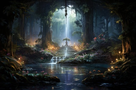 Enchanted song fountains, harmonizing with natures melodies and creating enchanting displays - Generative AIの素材