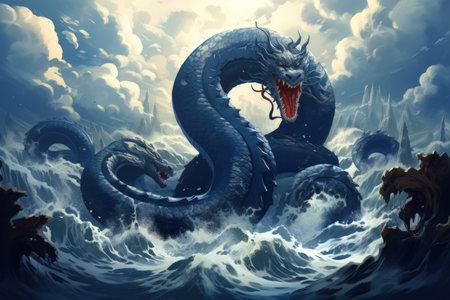 Gigantic sea serpents slithering through treacherous waters - Generative AIの素材