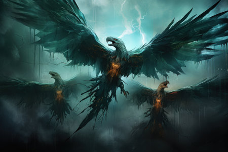 Ferocious thunder hawks, ruling the skies with lightning and thunder as their domain - Generative AIの素材
