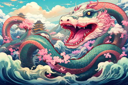 Gigantic sea serpents slithering through treacherous waters - Generative AIの素材