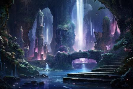 Harmonious waterfalls of glowing crystals, cascading with soothing melodies - Generative AIの素材