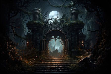 Enigmatic shadow gates, portals to realms shrouded in darkness and mystery - Generative AIの素材