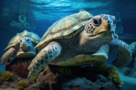 Ancient sea turtles, carrying entire ecosystems on their colossal shells - Generative AIの素材