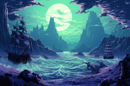 Cursed ghost ships, forever sailing the seas with ghostly crews seeking redemption - Generative AIの素材