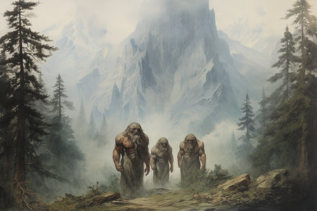 Gargantuan giants roaming the mountains - Generative AIの素材