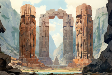 Ancient stone colossi, towering giants carved from living rock - Generative AIの素材