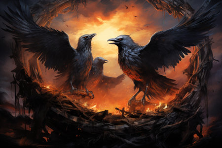 Cursed wereravens, trapped in a cycle of human and raven forms - Generative AIの素材