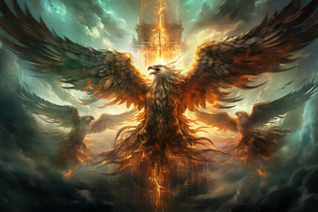 Ferocious thunder hawks, ruling the skies with lightning and thunder as their domain - Generative AIの素材