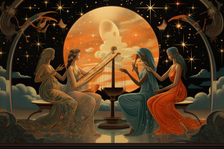 Celestial harpists, playing melodies that resonate through the heavens - Generative AIの素材
