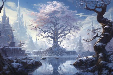 Graceful frost faeries, creating intricate ice sculptures in frozen landscapes - Generative AIの素材