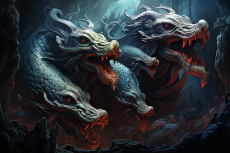 Ancient sea serpents, guardians of hidden treasures beneath the ocean depths - Generative AIの素材