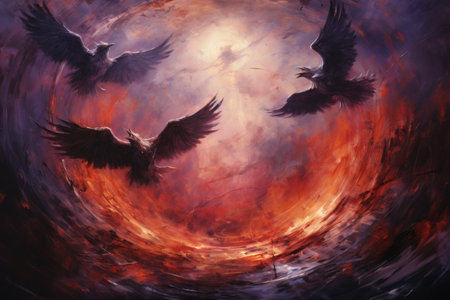 Cursed wereravens, trapped in a cycle of human and raven forms - Generative AIの素材