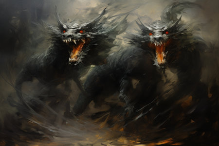 Ferocious shadow dragons, wreathed in darkness and possessing formidable power - Generative AIの素材
