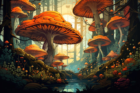 Giant talking mushrooms offering cryptic advice in dense forest groves - Generative AIの素材