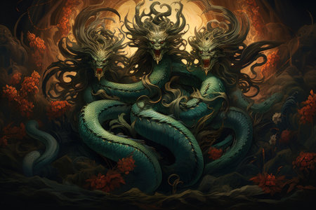 Ancient sea serpents, guardians of hidden treasures beneath the ocean depths - Generative AIの素材