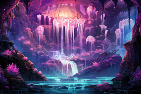 Harmonious waterfalls of glowing crystals, cascading with soothing melodies - Generative AIの素材