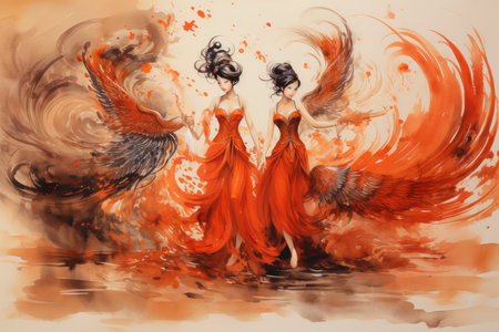 Elegant phoenix dancers, captivating audiences with fiery performances - Generative AIの素材