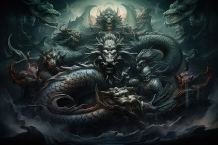Ancient sea serpents, guardians of hidden treasures beneath the ocean depths - Generative AIの素材