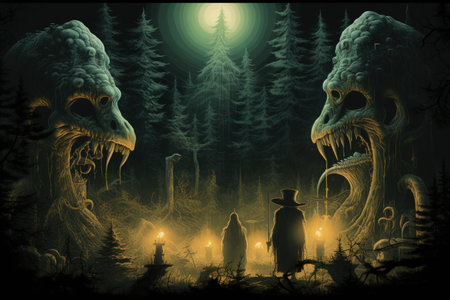 Giant talking mushrooms offering cryptic advice in dense forest groves - Generative AIの素材