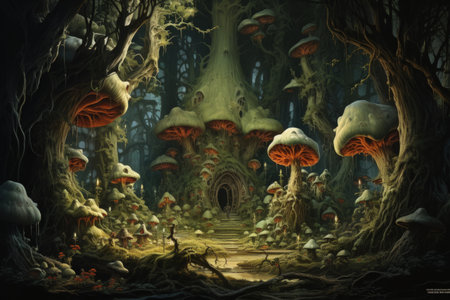 Giant talking mushrooms offering cryptic advice in dense forest groves - Generative AIの素材