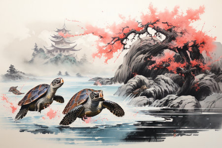 Ancient sea turtles, carrying entire ecosystems on their colossal shells - Generative AIの素材