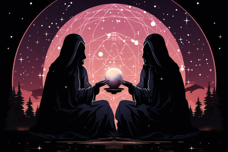 Mystic fortune-tellers reading the secrets of the universe in shimmering crystal balls - Generative AIの素材