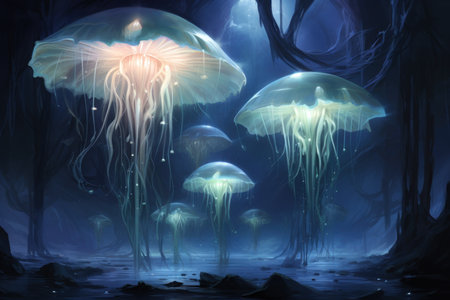 Luminescent jellyfish guardians, illuminating the depths of the ocean with their glow - Generative AIの素材