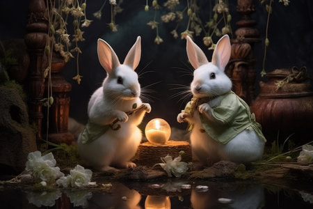 Playful moon rabbits, bestowing luck and fortune to those who encounter them - Generative AIの素材