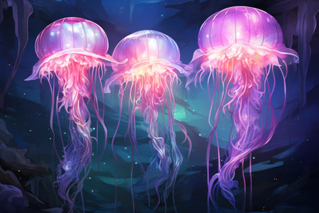 Luminescent jellyfish guardians, illuminating the depths of the ocean with their glow - Generative AIの素材