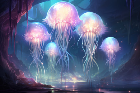 Luminescent jellyfish guardians, illuminating the depths of the ocean with their glow - Generative AIの素材