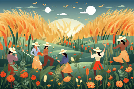 Lively harvest sprites, ensuring bountiful crops and prosperity for farmers - Generative AIの素材