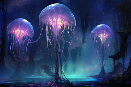 Luminescent jellyfish guardians, illuminating the depths of the ocean with their glow - Generative AIの素材