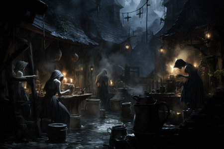 Mysterious witches brewing potions in hidden cottages - Generative AIの素材