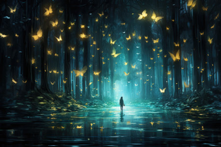 Luminescent fireflies, guiding lost souls through the depths of the night - Generative AIの素材