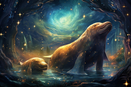 Luminous star whales, swimming among constellations in the vastness of space - Generative AIの素材