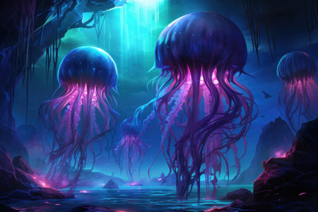 Luminescent jellyfish guardians, illuminating the depths of the ocean with their glow - Generative AIの素材
