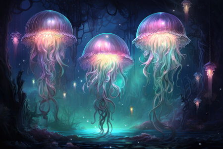 Luminescent jellyfish guardians, illuminating the depths of the ocean with their glow - Generative AIの素材