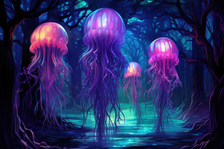 Luminescent jellyfish guardians, illuminating the depths of the ocean with their glow - Generative AIの素材