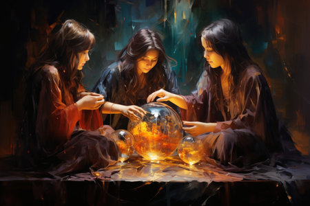 Mystic fortune-tellers reading the secrets of the universe in shimmering crystal balls - Generative AIの素材