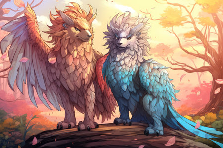 Loyal griffins, majestic creatures with the body of a lion and the wings of an eagle - Generative AIの素材